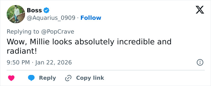 Fan comment praising Millie Bobby Brown's sultry snaps, highlighting how she grew up too fast and looks radiant.