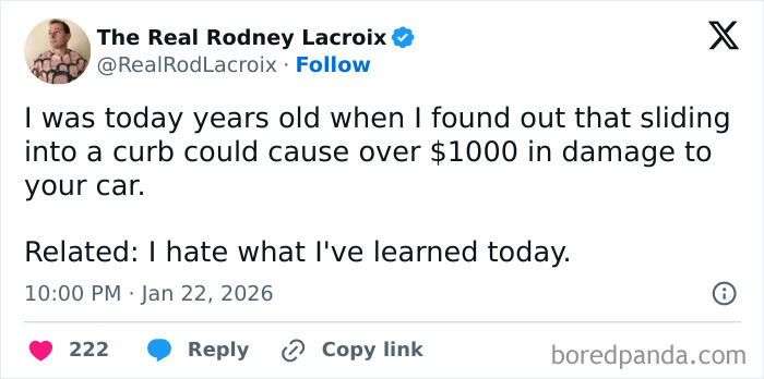 Tweet about sliding into a curb causing expensive car damage, humor relatable for dads and husbands online.