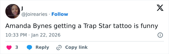 Screenshot of a tweet about Amanda Bynes&rsquo; new tattoo raising alarm among fans in the tragic tale of child stars.