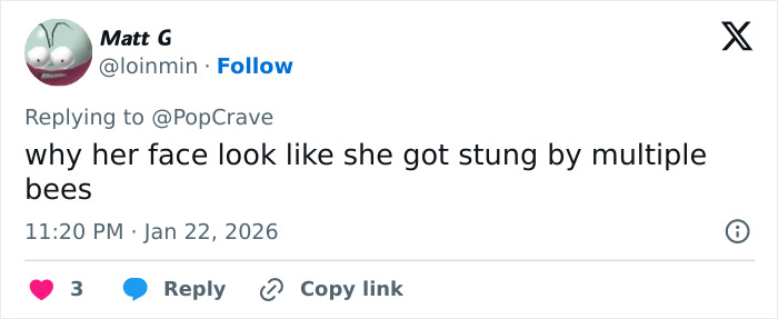 Tweet by user Matt G questioning why Millie Bobby Brown's face looks like she got stung by multiple bees in sultry snaps.