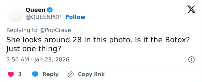 Fan comment discussing Millie Bobby Brown's sultry snaps and her appearance looking older than her age.