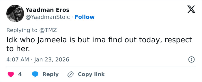 Screenshot of a tweet mentioning British actress Jameela Jamil with respect and curiosity about her identity.