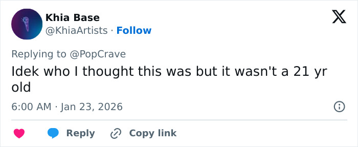 Tweet from Khia Base commenting on Millie Bobby Brown's sultry snaps, expressing surprise about her age.