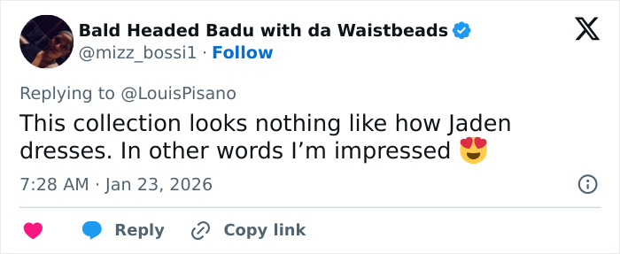 Tweet praising Jaden Smith’s debut Christian Louboutin collection, referencing Black Brooklyn Beckham internet comparison. Tweet praising Jaden Smith’s debut Christian Louboutin collection, referencing Black Brooklyn Beckham internet comparison.