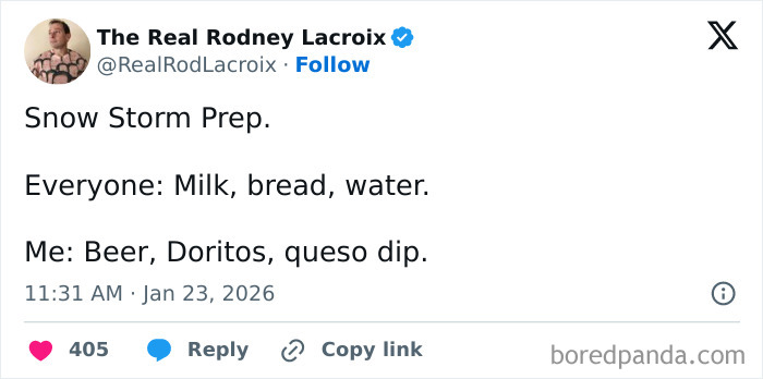 Tweet by The Real Rodney Lacroix humorously showing a dad’s snow storm prep with beer and snacks, relatable for dads and husbands.