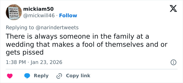 Tweet about family behavior at a wedding amid DJ at Brooklyn Beckham's wedding inappropriate dance accusations.