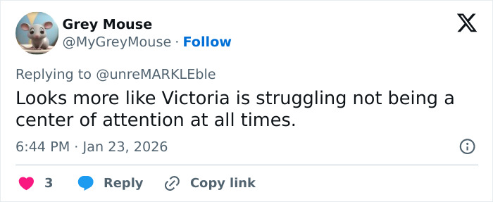 Tweet by Grey Mouse discussing Victoria Beckham and Nicola Peltz tense exchange amid viral feud on social media.