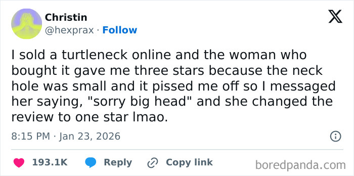 Screenshot of a funny tweet from January showing a humorous online review exchange about a turtleneck purchase.