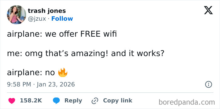 Screenshot of a funny internet joke tweet about free airplane wifi, highlighting how the internet got way too funny in January.