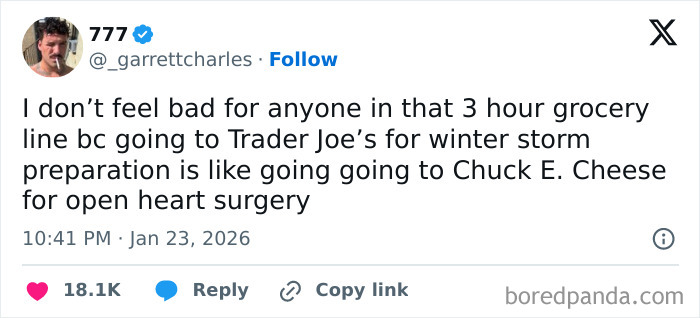 Tweet about a long grocery line at Trader Joe’s comparing winter storm prep to a chaotic internet moment in January.