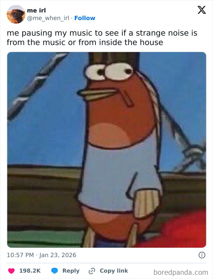 Meme of a cartoon fish pausing music, illustrating funny internet moments from January trending online humor.