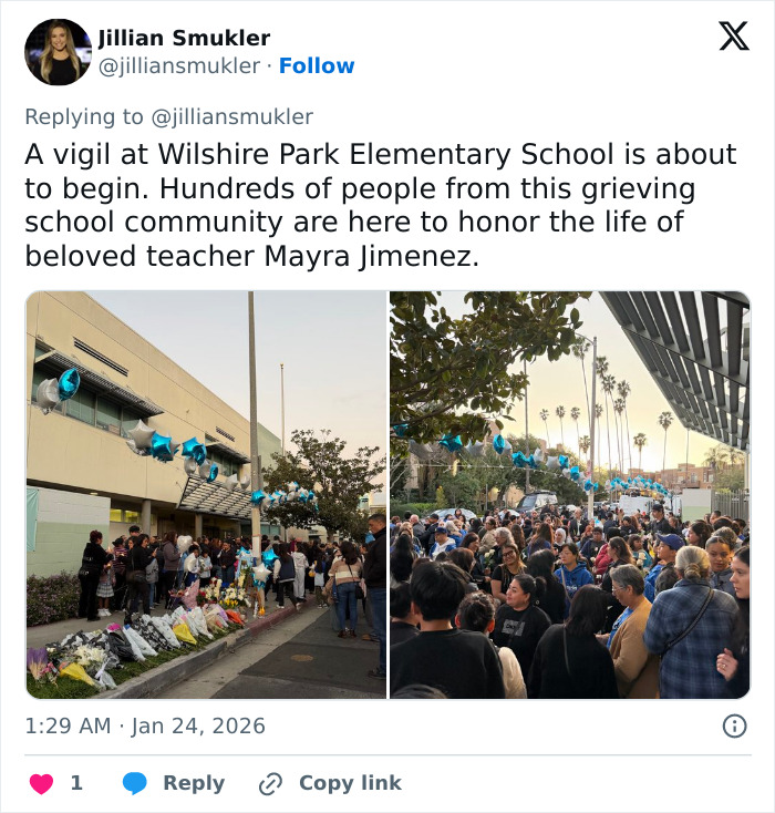 Crowd gathers at Wilshire Park Elementary for vigil honoring teacher&rsquo;s life after explosive diary affair discovery.