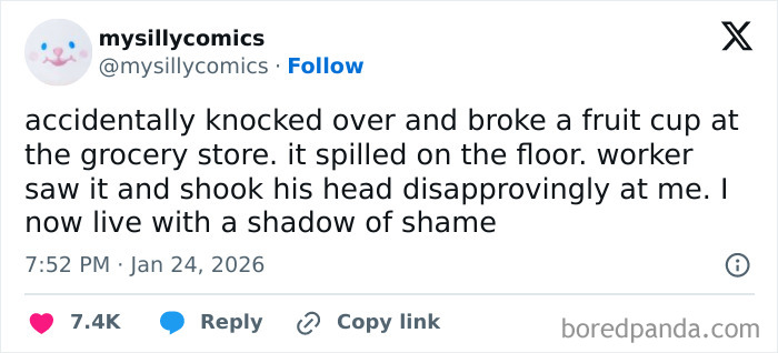 Tweet about an embarrassing grocery store spill that only became funny later, with a worker's disapproving reaction.