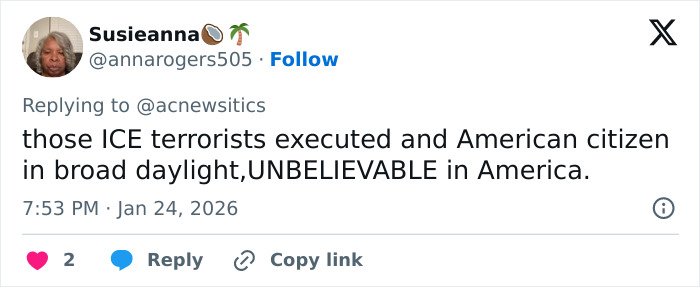 Tweet from Susieanna commenting on ICE terrorists executing an American citizen in broad daylight sparking online debate. Tweet from Susieanna commenting on ICE terrorists executing an American citizen in broad daylight sparking online debate.