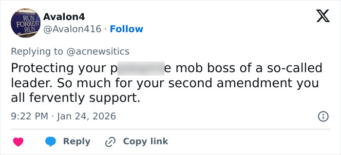 Tweet from Avalon4 responding to @acnewsitics, discussing protection and second amendment support in a heated online debate. Tweet from Avalon4 responding to @acnewsitics, discussing protection and second amendment support in a heated online debate.