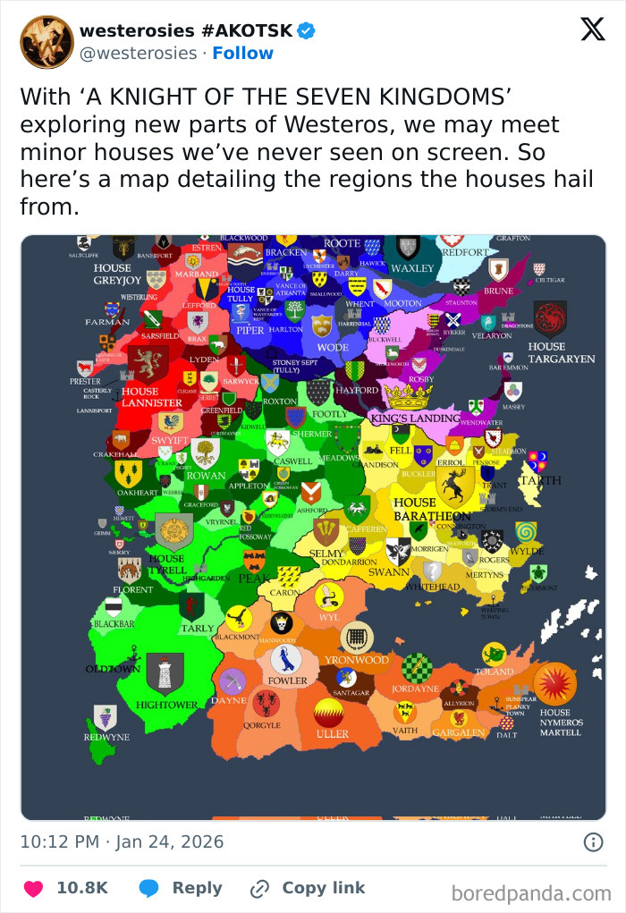 Color-coded Westeros map showing detailed worldbuilding of houses and regions for Knight of the Seven Kingdoms fans. Color-coded Westeros map showing detailed worldbuilding of houses and regions for Knight of the Seven Kingdoms fans.