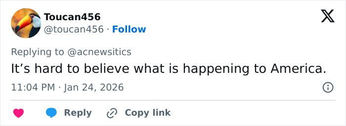 User tweet expressing disbelief about events in America amid viral clips of Alex Pretti holding his phone before fatal encounter. User tweet expressing disbelief about events in America amid viral clips of Alex Pretti holding his phone before fatal encounter.