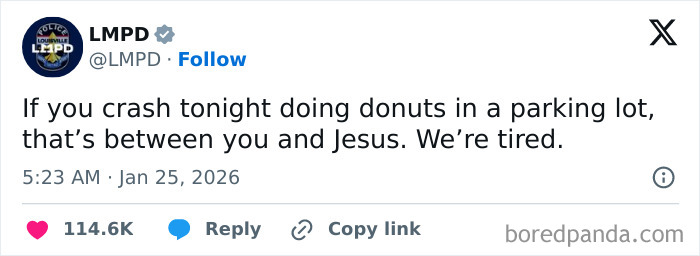 Screenshot of a humorous police social media post from LMPD showing playful and unserious police social media content.