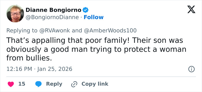 Profile photo of a woman replying on social media about Alex Pretti&rsquo;s parents learning his fate from a reporter.