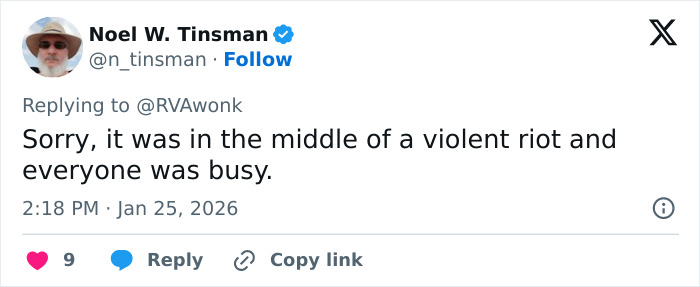 Screenshot of a tweet by Noel W. Tinsman responding to RVAwonk about a violent riot and people being busy.