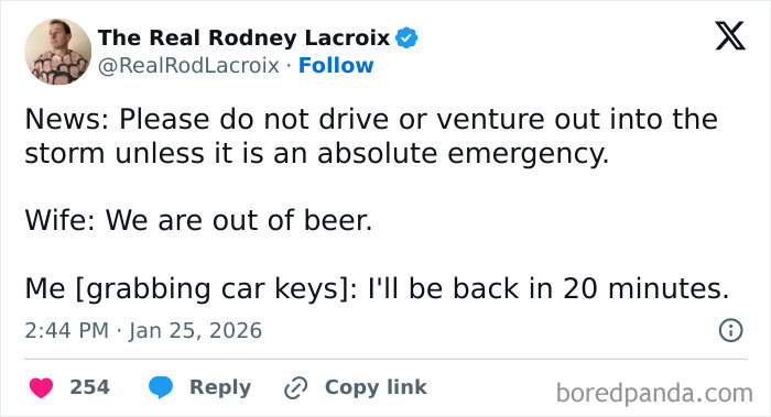 Tweet humor about dads and husbands rushing out for beer during a storm, reflecting relatable dad and husband posts.