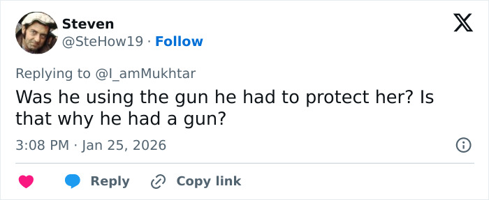 Twitter user Steven questioning the use of a gun in the viral clips of Alex Pretti before his fatal encounter. Twitter user Steven questioning the use of a gun in the viral clips of Alex Pretti before his fatal encounter.