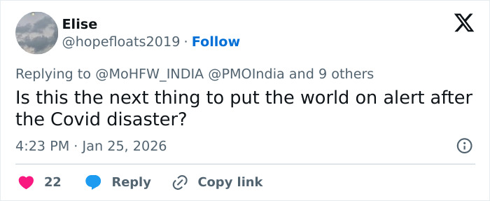 Tweet from user Elise questioning if the incurable virus outbreak will trigger COVID-style airport restrictions and global alert.