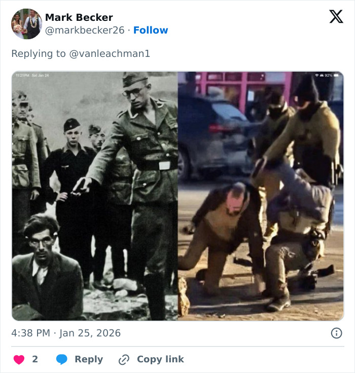 Split image showing tense moments: left black-and-white historic scene, right color image of men in tactical gear restraining a man. Split image showing tense moments: left black-and-white historic scene, right color image of men in tactical gear restraining a man.