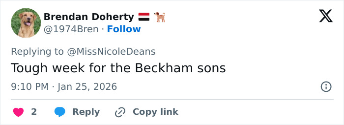Tweet by Brendan Doherty commenting on tough week for Beckham sons amid ongoing family rift and public teasing by David Beckham.