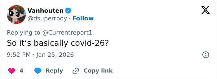 Tweet by user Vanhouten replying about an incurable virus outbreak causing COVID-style restrictions at airports.
