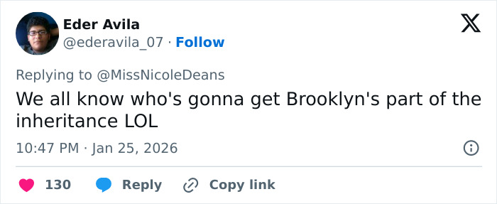 Screenshot of a Twitter reply mentioning Brooklyn amid David Beckham family rift and ongoing crisis.