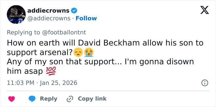 Screenshot of a social media post teasing David Beckham&rsquo;s son amid ongoing family rift and crisis discussions.