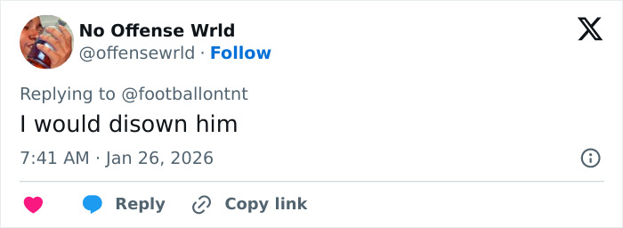 Tweet from No Offense Wrld responding to a football account, commenting amid ongoing family rift involving David Beckham's son.