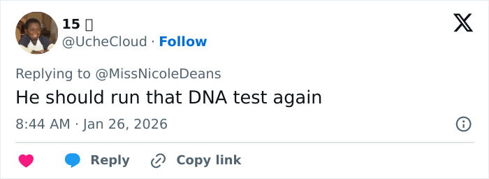 Tweet screenshot showing a user commenting on a family rift involving David Beckham and his son, suggesting a DNA test.