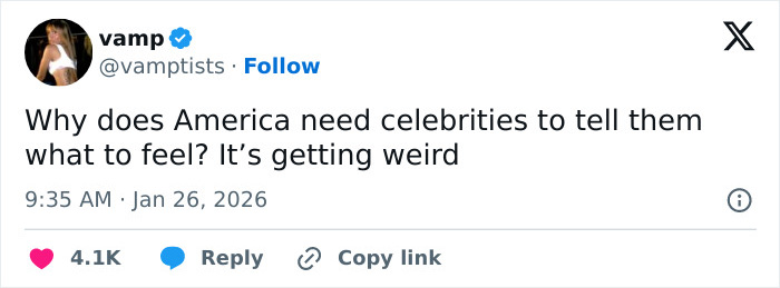Tweet by user vamp questioning America's reliance on celebrities, reflecting on the American way of thinking about public opinion.