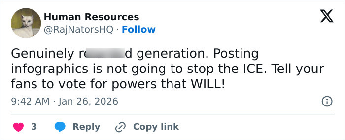 Tweet criticizing the American way of thinking and Billie Eilish's response to the ICE controversy from a Human Resources account.