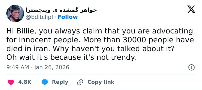 Screenshot of a tweet criticizing Billie Eilish&rsquo;s American way of thinking on ICE controversy and her advocacy.