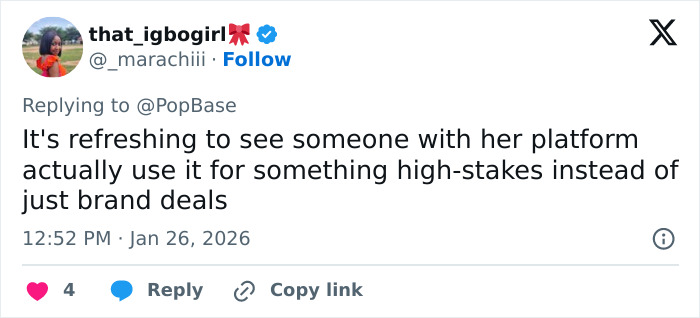 Tweet by user that_igbogirl praising Billie Eilish's response to ICE controversy, highlighting American way of thinking debate.