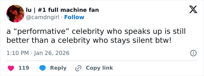Tweet criticizing silence on controversial topics, reflecting American way of thinking about Billie Eilish&rsquo;s ICE controversy response.