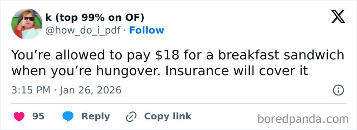 Tweet about paying $18 for a breakfast sandwich when hungover, illustrating moments the internet got way too funny this January.