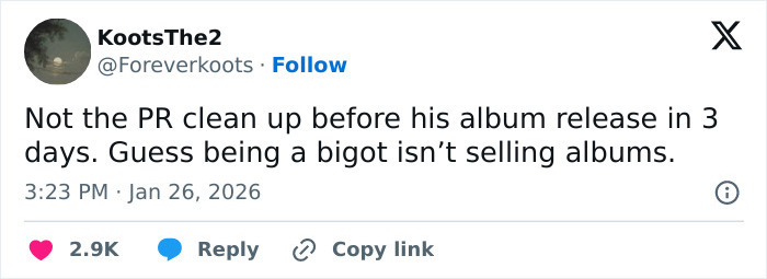 Twitter post criticizing Kanye West's behavior ahead of his album release and mentioning public relations issues.