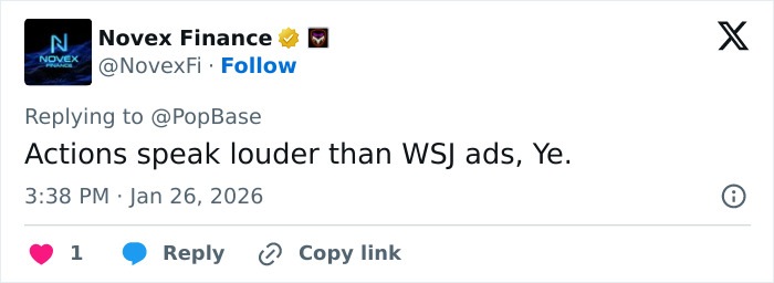 Tweet from Novex Finance responding about Kanye West's health battle ad in the Wall Street Journal, posted on social media.