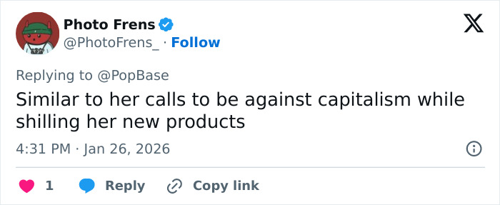 Screenshot of a tweet criticizing Billie Eilish's American way of thinking related to the ICE controversy and capitalism.