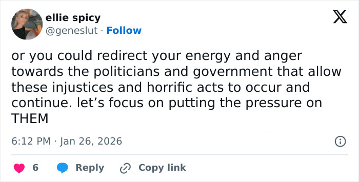 Tweet from user ellie spicy urging focus on politicians and government regarding injustices related to American way of thinking controversy.