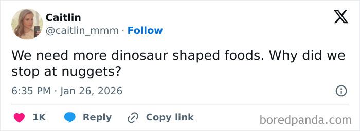 Tweet by Caitlin humorously suggesting more dinosaur-shaped foods beyond nuggets, highlighting internet moments that got way too funny.