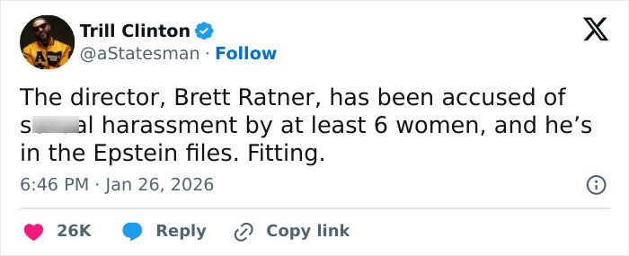 Tweet by Trill Clinton discussing accusations against director Brett Ratner related to Melania Trump's documentary controversy.