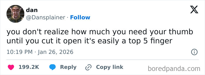Screenshot of a funny tweet about the importance of thumbs, featured in internet moments from January.