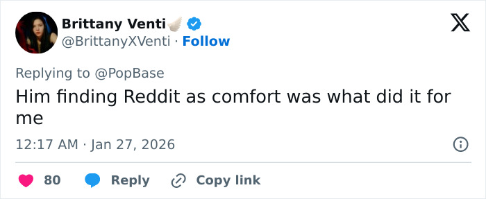 Screenshot of a tweet by Brittany Venti discussing finding comfort on Reddit, posted in January 2026.