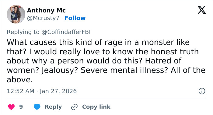 Twitter post discussing rage and motives related to disturbing new details about final moments from autopsy reports. Twitter post discussing rage and motives related to disturbing new details about final moments from autopsy reports.