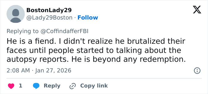 Tweet expressing shock over brutal details revealed in autopsy reports about final moments of Bryan Kohberger's victims. Tweet expressing shock over brutal details revealed in autopsy reports about final moments of Bryan Kohberger's victims.